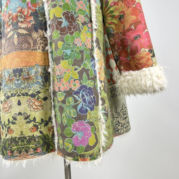NWOT Johnny Was Sherpa Fur & Faux Suede Floral Coat Jacket Zipper Pockets Size L - Picture 8 of 13